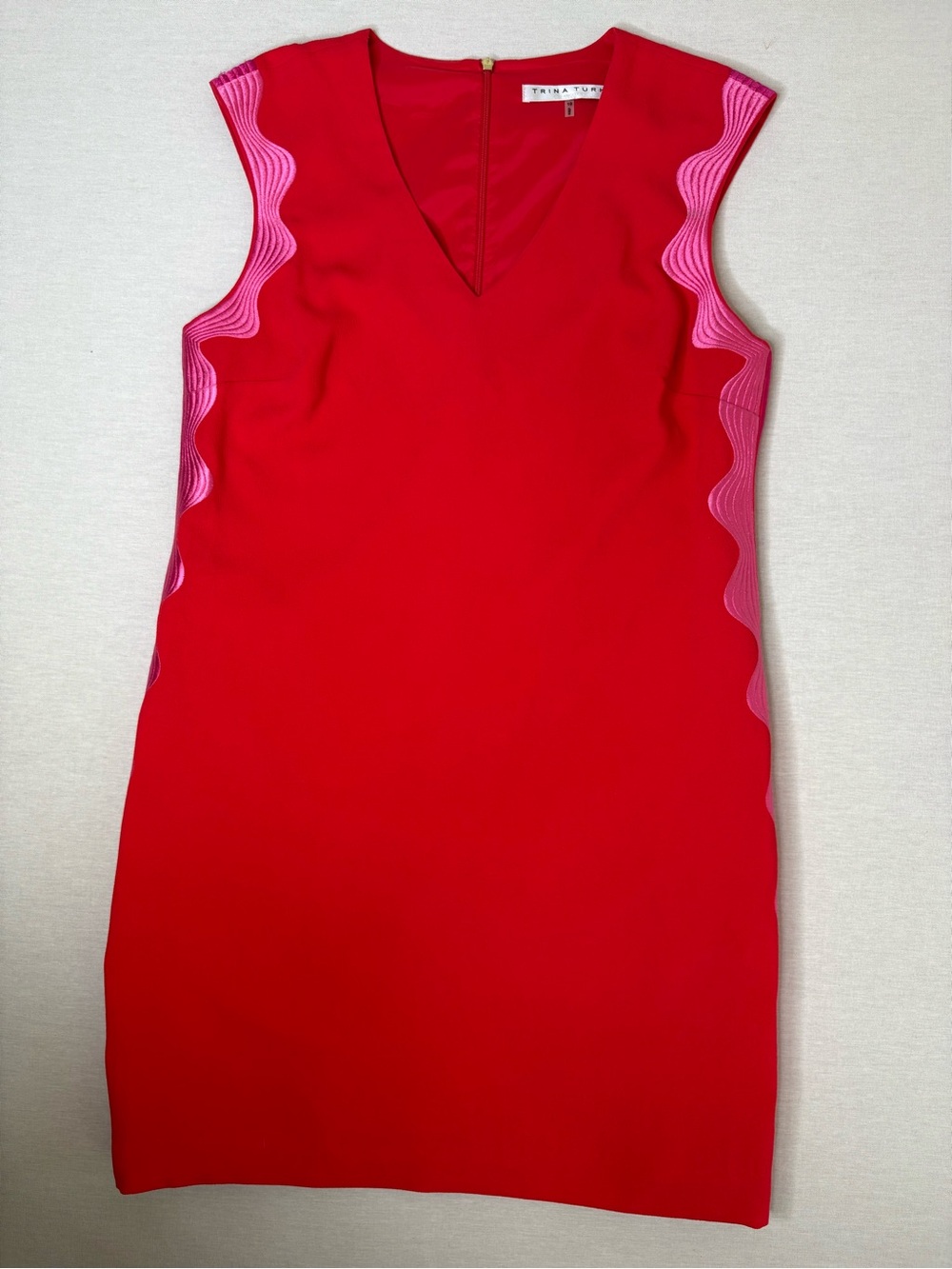 Trina Turk Red Sheath Dress with Pink Scallop Trim size 10